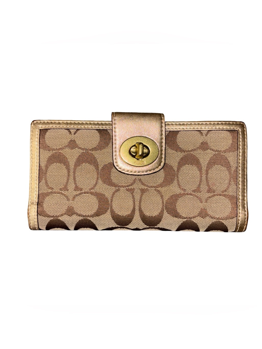 Coach Signature Monogram Turnlock Slim Envelope Wallet Gold Metallic Leather